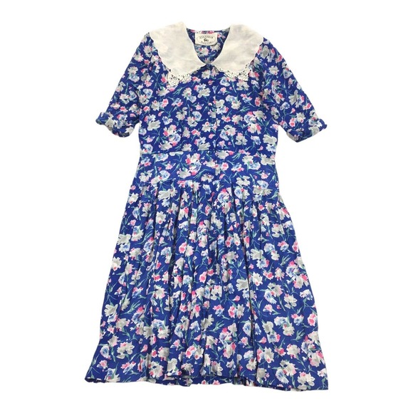 Vintage 1980s Jonathan Martin Floral Dress 9/10 Blue Modest Peter Pan Collar M - Picture 1 of 7